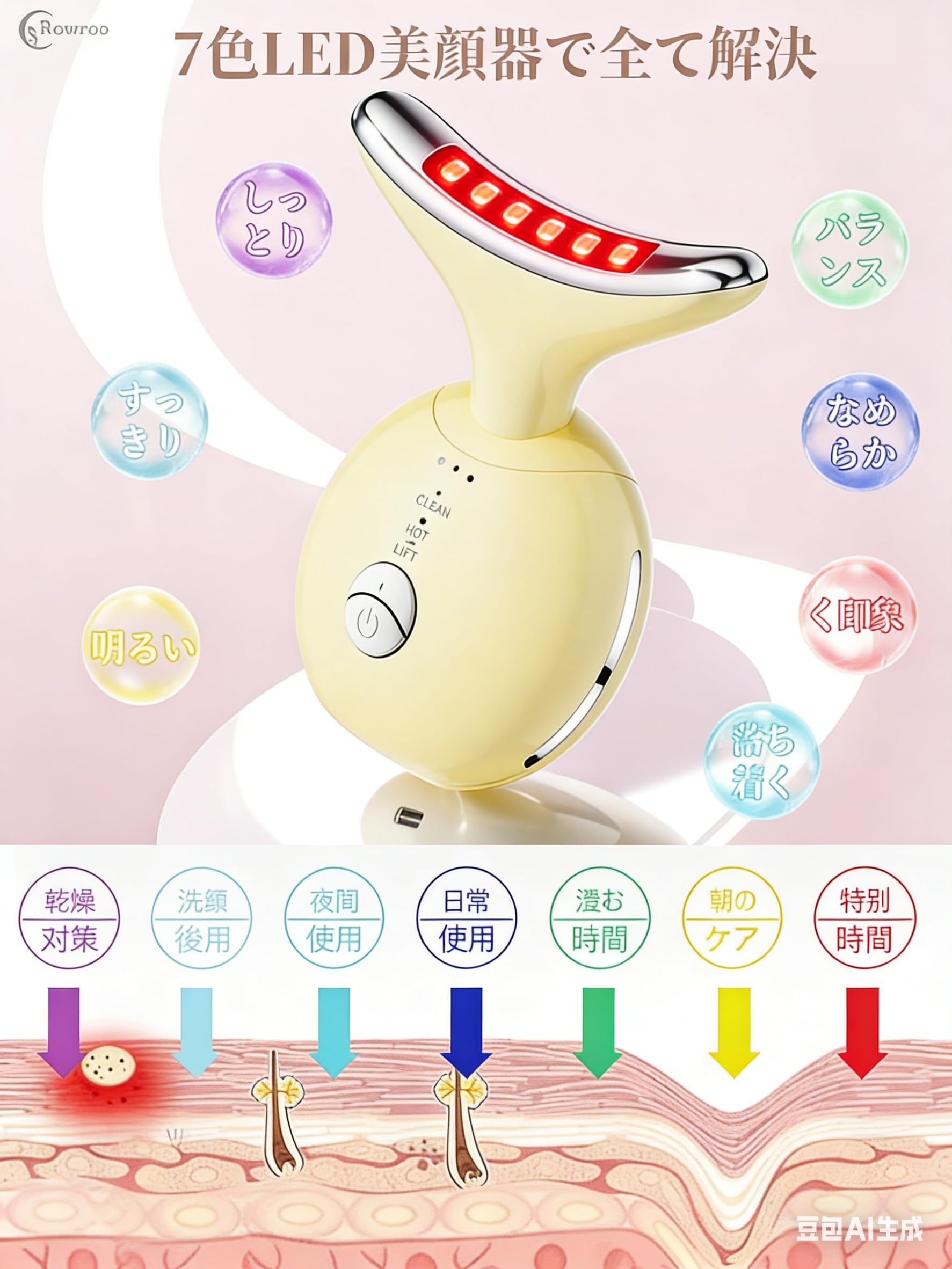 Amazon.co.jp: Rowroo 多機能美顔器 EMS搭載 7色LED 温感ケア かっさ